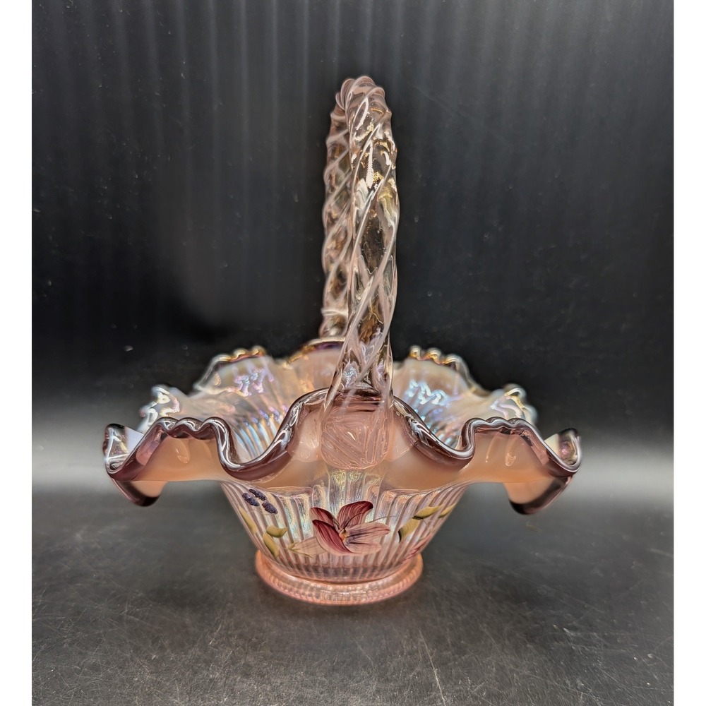 Fenton Pink Carnival Glass Basket Hand Painted Floral Signed Bill George Fenton